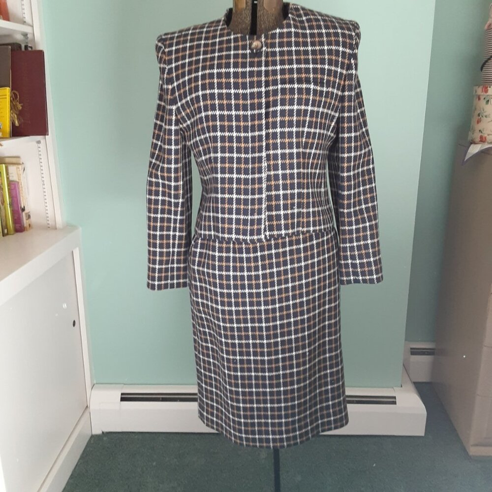 VTG 1980'S PH COLLECTIBLES LADIES WOOL BLACK, WHITE & TAN CHECK SKIRT SUIT 10P
